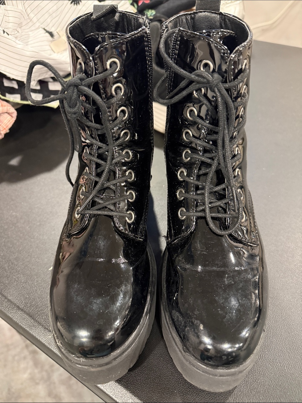 Women's Black Patent Lace-Up Combat Boots